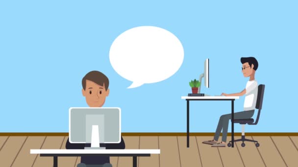 Workers using desktops with speech bubble — Stock Video