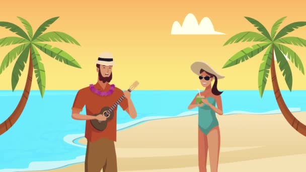 Summer beach seascape scene with couple and guitar — Stock Video