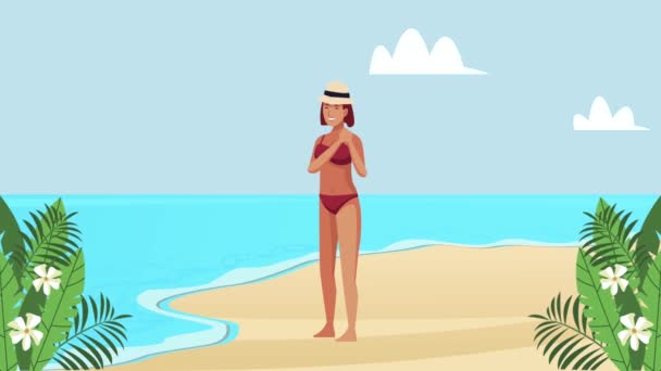 Summer beach seascape scene with young lady — Stock Video