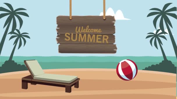 Welcome summer lettering with chair and balloon — Stock Video