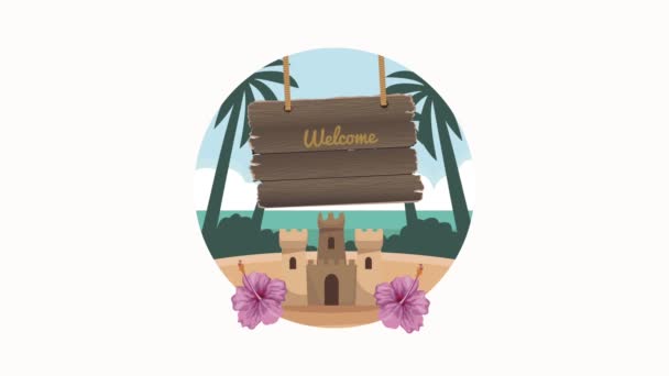 Letras de verão bem-vindas com castelo de areia — Vídeo de Stock