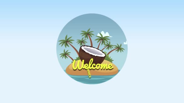 Letras de bienvenida de verano con coco en la playa — Vídeos de Stock