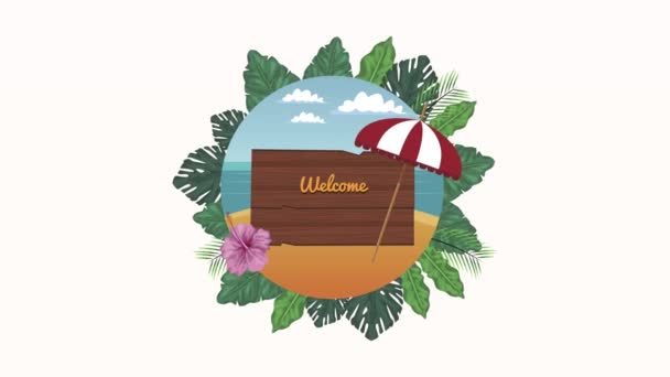 Vítejte letní nápisy v dřevěné etiketě a deštníku — Stock video