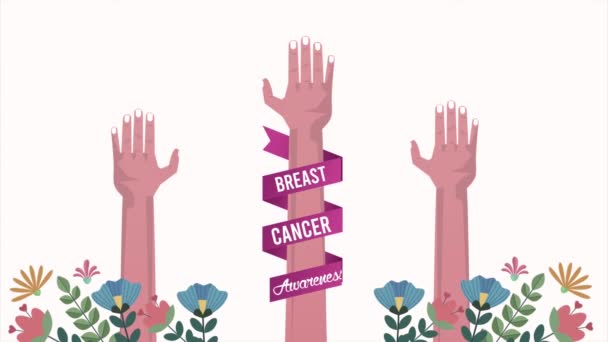 Animación conciencia cáncer de mama con las manos arriba y flores — Vídeo de stock