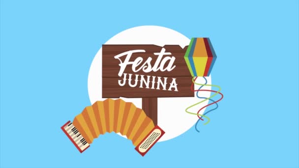 Festa junina belettering animatie met accordeon en vlieger — Stockvideo