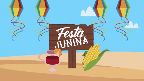 Festa Junina Schriftzug Animation mit Drachen und Maiskolben — Stockvideo