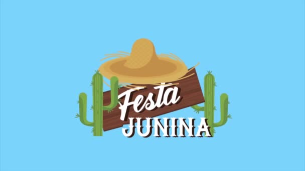 Festa junina písmo animace se slamákem klobouk a kaktus — Stock video