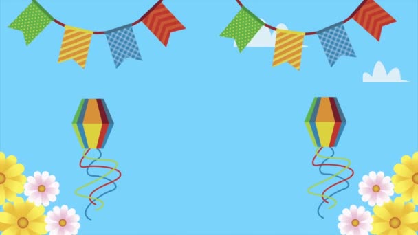 Festa junina animation with kites and garlands — Stock Video