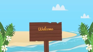 Plaj sahnesinde tahta etiketli yaz mevsimine hoş geldiniz.