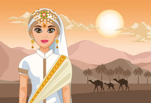 Camelos e noiva árabe — Vetor de Stock