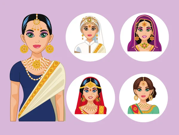 Cinco personajes de novias árabes — Archivo Imágenes Vectoriales