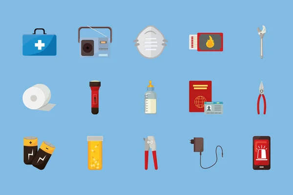 Quince iconos kit de emergencia — Vector de stock
