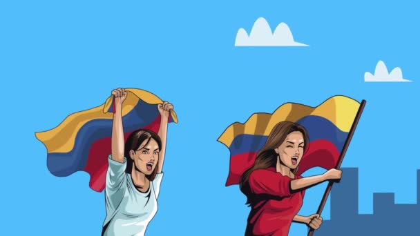 Девушки-колумбийцы протестуют с флагами — стоковое видео