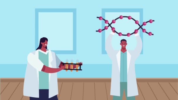 Cientistas afro casal com tubos de teste e molécula de dna — Vídeo de Stock