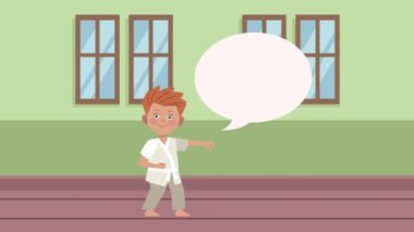 Küçük çocuk karate aktivite karakteri çalışıyor.