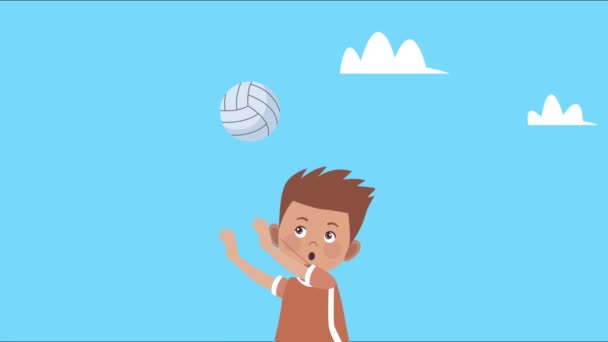 Маленький мальчик практикует волейбольную активность характер — стоковое видео