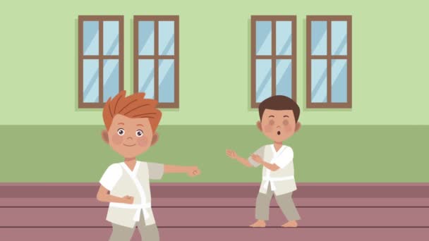 Kleine jongens oefenen karate karakters — Stockvideo