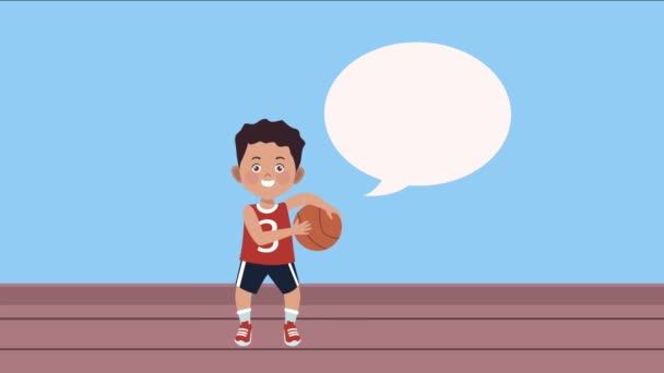 Little boy practicing basketball activity character — Stock Video