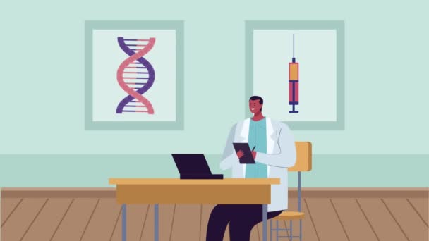 Cientista masculino usando laptop com vacina e molécula de dna — Vídeo de Stock