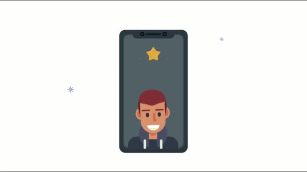 Man med stjärnor i smartphone sociala medier animation — Stockvideo