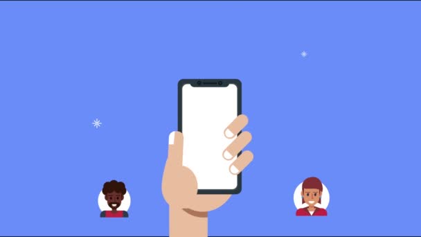 Рука со смартфоном и социальными сетями сообщества — стоковое видео