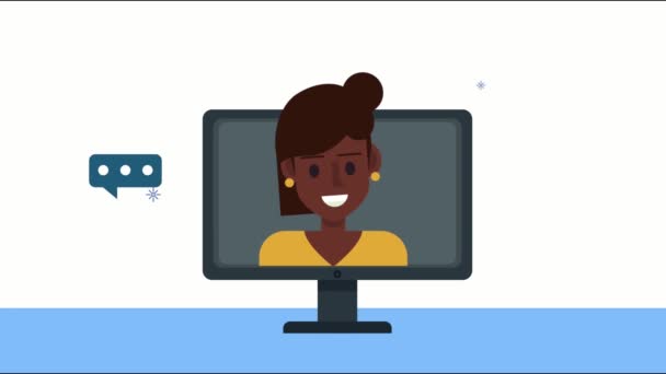 Afro woman with social media symbols in desktop — Stock Video