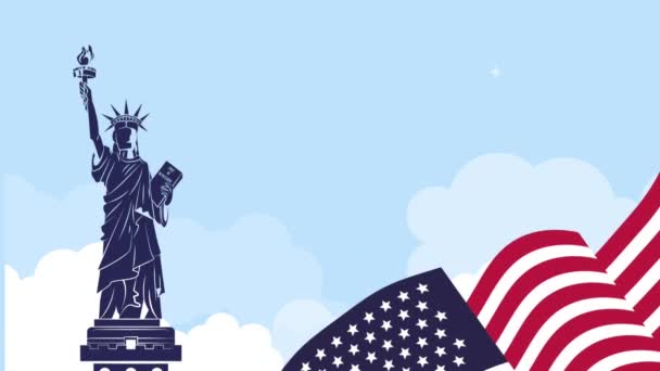 Stany Zjednoczone Ameryki flaga i animacja statua wolności — Wideo stockowe