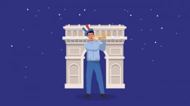 Fransız adam trompet ve zafer kemeri çalarken Bastille gününüz kutlu olsun.