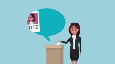 Kadın aday konuşma balonu ve poster ile konuşuyor