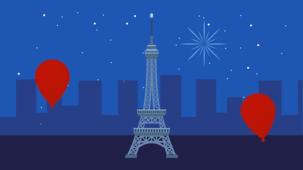 エッフェル塔と気球ヘリウムでフランスのお祝い — ストック動画
