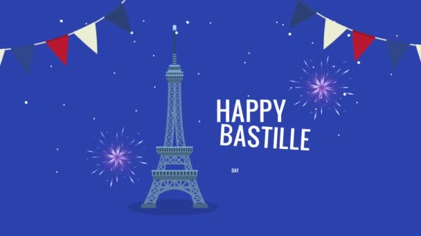 Šťastný bastille den nápis s věž Eiffelova a věnce — Stock video
