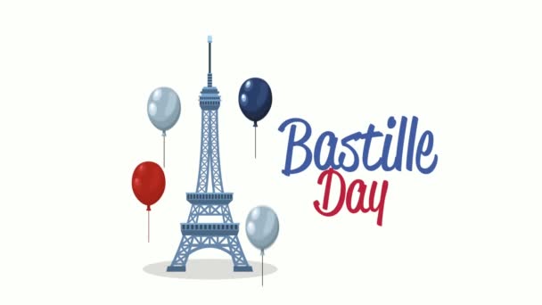 Letras feliz día bastilla con torre eiffel y globos de helio — Vídeos de Stock