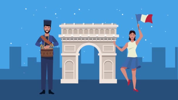 Frankrike självständighetsdagen med Arch of Triumph och par — Stockvideo