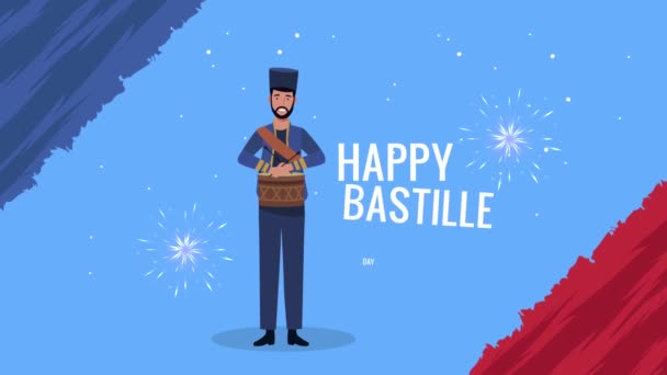 Fröhlicher Bastille-Tag Schriftzug mit französischem Mann, der Trommel und Fahne spielt — Stockvideo