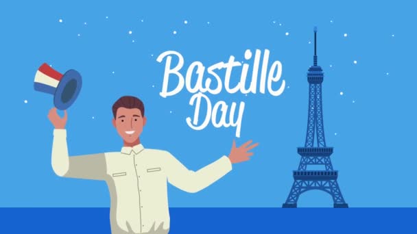 šťastný bastille den nápis s francouzským mužem a Eiffelova věž