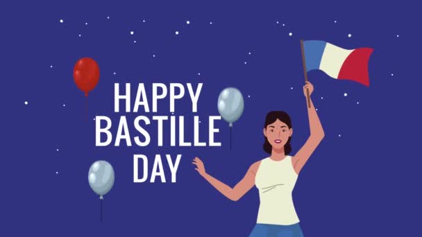 Happy bastille day lettering with french woman waving flag — Stock Video