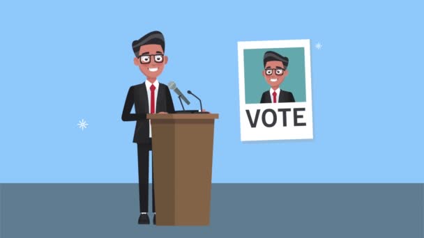 Male candidate speaking in podium and poster — Stock Video