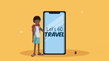 Akıllı telefon ve afro erkek turistlerle seyahat edelim.
