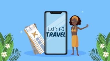 Akıllı telefon ve afro kadın turistlerle seyahat edelim.