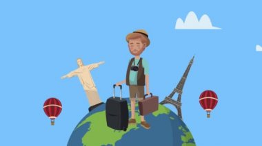 Dünya gezegeninde bavulu ve simgeleri olan erkek turist.