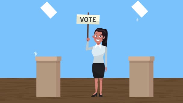 Женщина-кандидат со штангой для голосования и урнами для голосования — стоковое видео