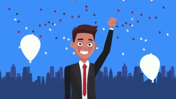 Männlicher Kandidat mit Luftballons Helium über der Stadt — Stockvideo
