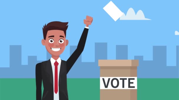 Мужчина-кандидат с анимацией урны для голосования — стоковое видео