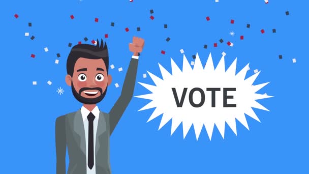 Muž kandidát s hlasovacím slovem a konfety — Stock video