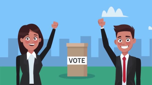Пара кандидатов с урной для голосования по городу — стоковое видео
