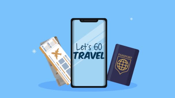 Vamos viajar lettering no smartphone com bilhetes e passaporte — Vídeo de Stock