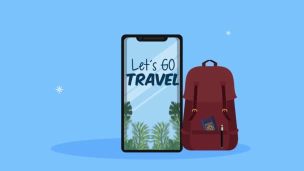 Laten we gaan reizen belettering in smartphone en tas — Stockvideo