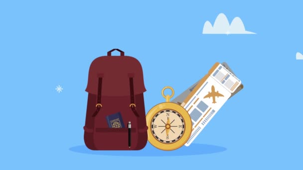 Animación de viajes en el tiempo con bolsa de viaje y accesorios — Vídeos de Stock