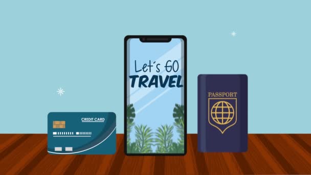 Vamos viajar lettering em smartphone com passaporte e cartão de crédito — Vídeo de Stock