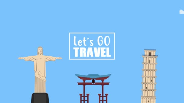 Laten we gaan reizen belettering zegel met oriëntatiepunten — Stockvideo